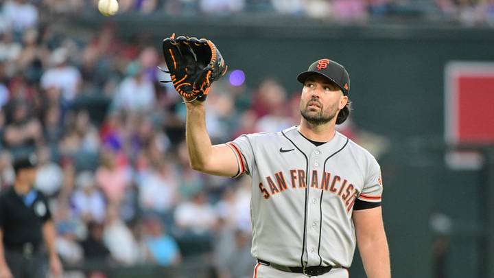May 18, 2026; Phoenix, Arizona, USA; San Francisco Giants pitcher Robbie Ray (38) looks on in the 
second inning against the Arizona Diamondbacks at Chase Field. Mandatory Credit: Matt Kartozian-Imagn Images