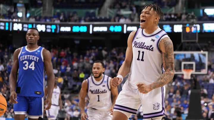 Mar 19, 2023; Greensboro, NC, USA;  Kansas State Wildcats forward Keyontae Johnson (11) celebrates a call that goes the Wildca's way.