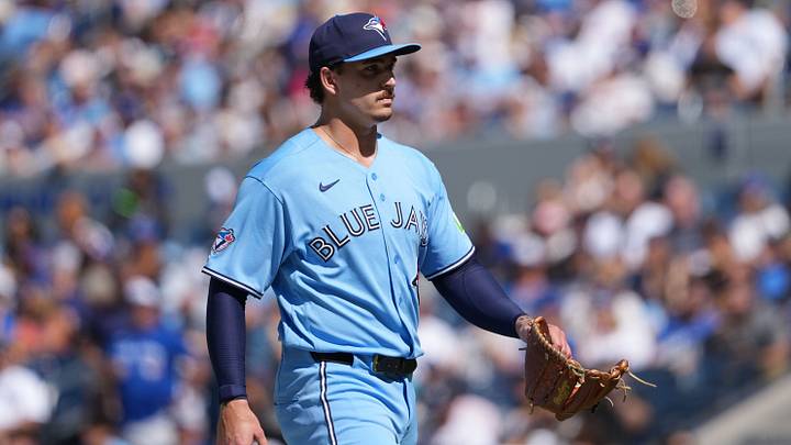 Toronto Blue Jays pitcher Ricky Tiedemann walks back to the dugout against the New York Yankees during the second inning of an Aug. 15 game at Rogers Centre. Nick Turchiaro-Imagn Images