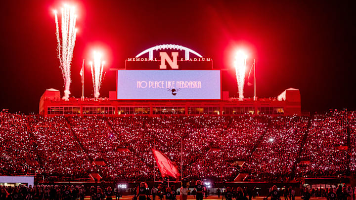 Nov 1, 2025; Lincoln, Nebraska, USA; Fireworks go off during the light show between the third and four quarter between the Nebraska Cornhuskers and the Southern California Trojans at Memorial Stadium. 