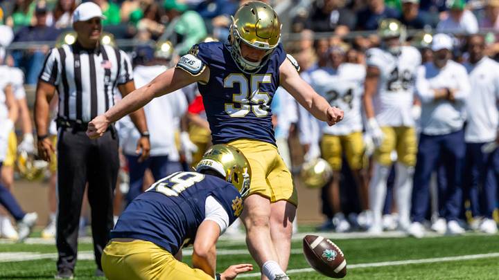 Apr 25, 2026; Notre Dame, IN, USA; Notre Dame Fighting Irish kicker Spencer Porath (35) kicks a point after attempt during the Blue-Gold game at Notre Dame Stadium. Apr 25, 2026; Notre Dame, IN, USA; Notre Dame Fighting Irish kicker Spencer Porath (35) kicks a point after attempt during the Blue-Gold game at Notre Dame Stadium.