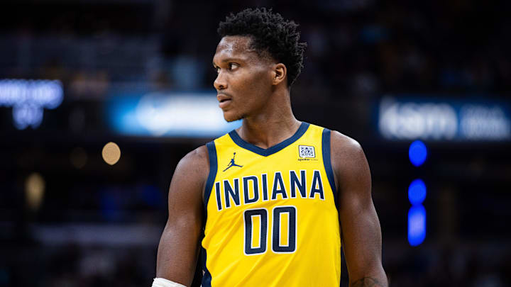 Jan 10, 2025; Indianapolis, Indiana, USA; Indiana Pacers guard Bennedict Mathurin (00)in the second half against Golden State Warriors at Gainbridge Fieldhouse. Mandatory Credit: Trevor Ruszkowski-Imagn Images