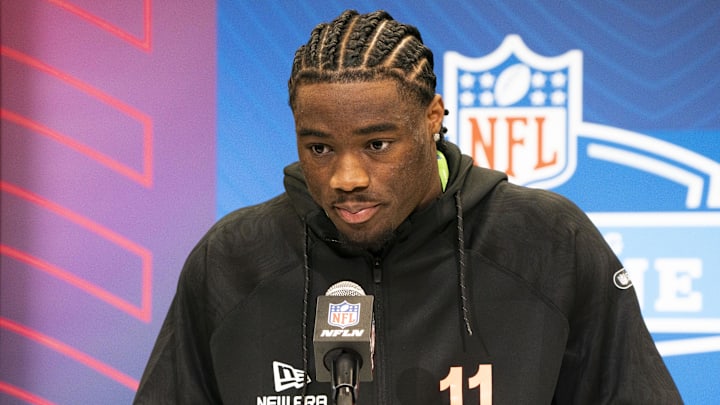 Feb 28, 2025; Indianapolis, IN, USA; Alabama quarterback Jalen Milroe (QB11) talks to the press during the 2025 NFL Combine at Indiana Convention Center. Mandatory Credit: Stephanie Amador Blondet-Imagn Images