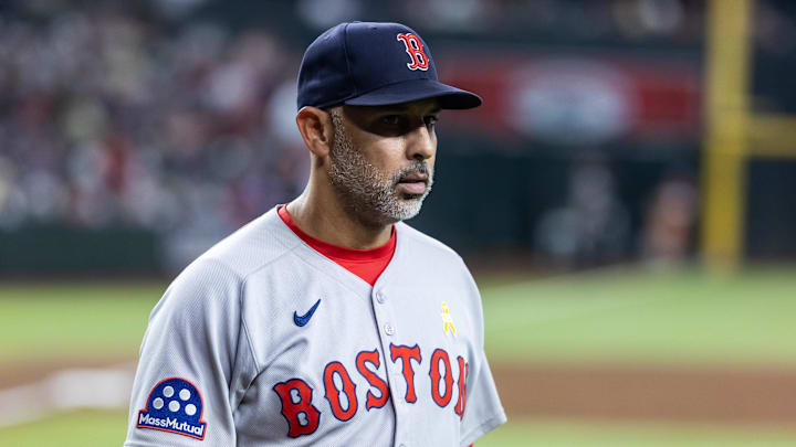Sep 7, 2025; Phoenix, Arizona, USA; Boston Red Sox manager Alex Cora against the Arizona Diamondbacks at Chase Field. Mandatory Credit: Mark J. Rebilas-Imagn Images Sep 7, 2025; Phoenix, Arizona, USA; Boston Red Sox manager Alex Cora against the Arizona Diamondbacks at Chase Field. Mandatory Credit: Mark J. Rebilas-Imagn Images
