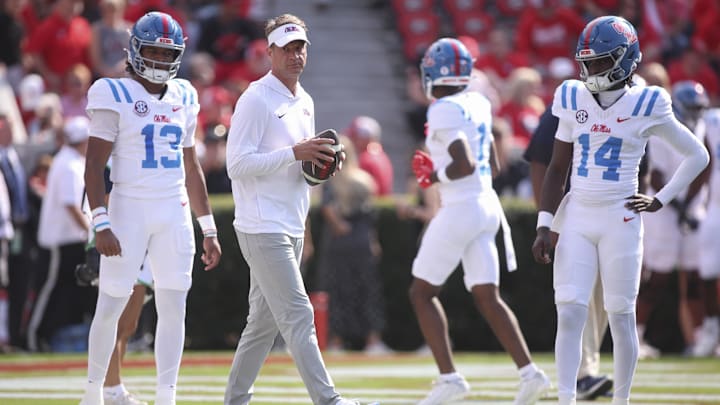 Oct 18, 2025; Athens, Georgia, USA; Mississippi Rebels head coach Lane Kiffin prior to the game against the Georgia Bulldogs at Sanford Stadium. Mandatory Credit: Brett Davis-Imagn Images