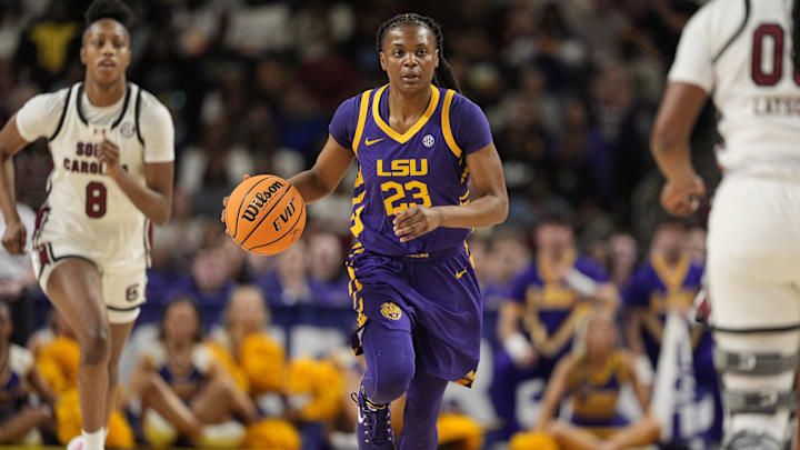 Mar 7, 2026; Greenville, SC, USA; Louisiana State Tigers guard Milaysia Fulwiley (23) brings the ball up court against the South Carolina Gamecocks during the first half at Bon Secours Wellness Arena. Mandatory Credit: Jim Dedmon-Imagn Images