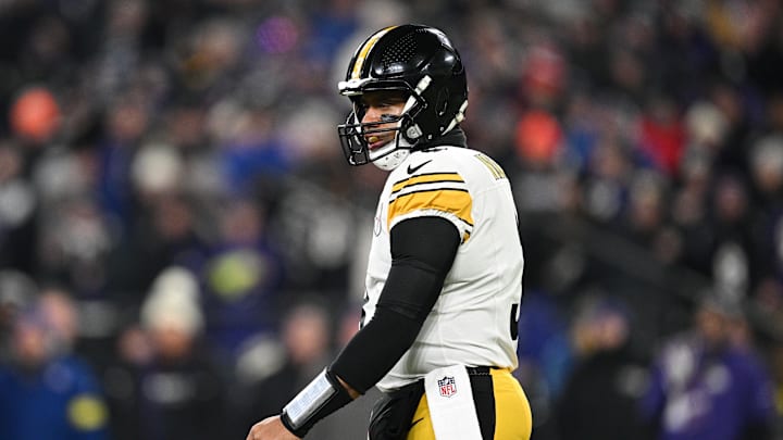 Jan 11, 2025; Baltimore, Maryland, USA; Pittsburgh Steelers quarterback Russell Wilson (3) looks on in the first quarter against the Baltimore Ravens in an AFC wild card game at M&T Bank Stadium. Mandatory Credit: Tommy Gilligan-Imagn Images