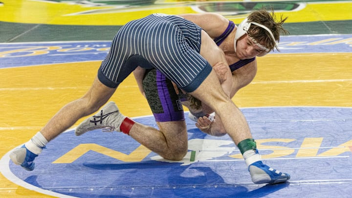 Rumson’s Sonny Amato defeated St. Augustine’s Anthony DePaul in their 144 lvs. bout. Boys Quarterfinal round at NJSIAA State Wrestling Tournament in Atlantic City on March 7, 2025.