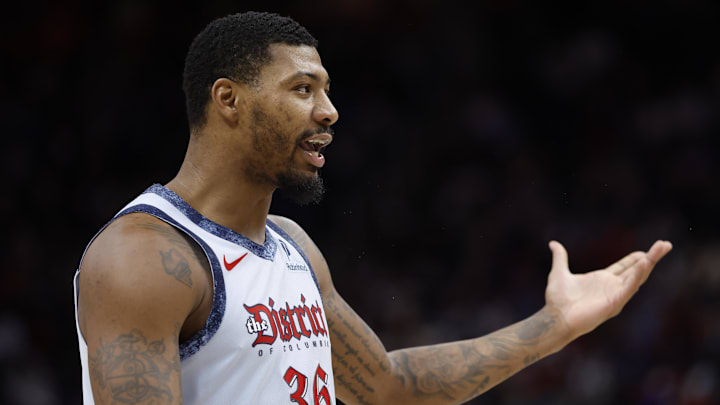 Mar 13, 2025; Detroit, Michigan, USA;  Washington Wizards guard Marcus Smart (36) reacts in the second half against the Detroit Pistons at Little Caesars Arena. Mandatory Credit: Rick Osentoski-Imagn Images