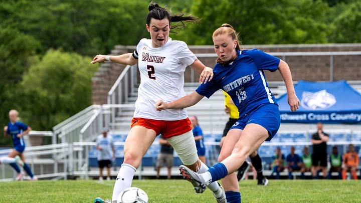 Waukee Northwest's Izzy Simonini kicks the ball past West Des Moines Valley's Katelyn Lynch during Iowa high school state soccer at James Cownie Soccer Complex on Thursday, May 30, 2024, in Des Moines. Waukee Northwest's Izzy Simonini kicks the ball past West Des Moines Valley's Katelyn Lynch during Iowa high school state soccer at James Cownie Soccer Complex on Thursday, May 30, 2024, in Des Moines.