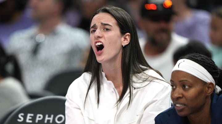 Aug 31, 2025; San Francisco, California, USA; Indiana Fever guard Caitlin Clark (center) yells from the bench during the second quarter against the Golden State Valkyries at Chase Center. Mandatory Credit: Darren Yamashita-Imagn Images