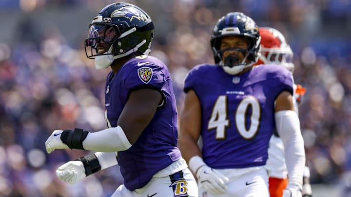 Sep 14, 2025; Baltimore, Maryland, USA; Baltimore Ravens linebacker Roquan Smith (0) celebrates after a play during the first quarter at M&T Bank Stadium. Mandatory Credit: Peter Casey-Imagn Images