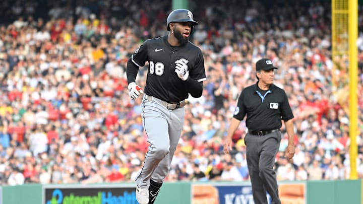 Apr 19, 2025; Boston, Massachusetts, USA; Chicago White Sox center fielder Luis Robert Jr. (88) runs the bases after hitting a two-run home run against the Boston Red Sox during the seventh inning at Fenway Park. Mandatory Credit: Eric Canha-Imagn Images