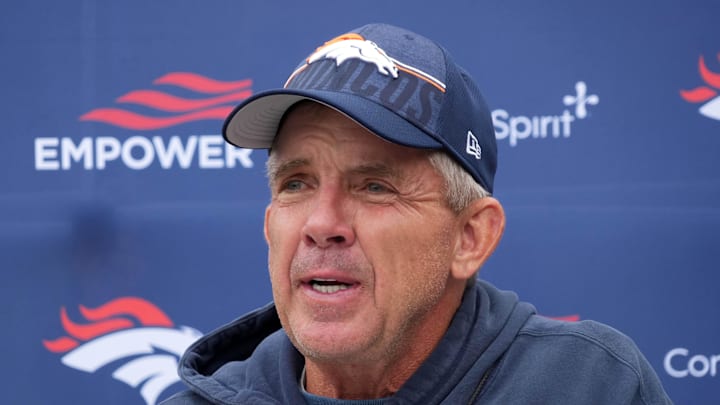 Oct 10, 2025; Ware, United Kingdom; Denver Broncos head coach Sean Payton speaks to media at press conference at the Hanbury Manor. Mandatory Credit: Kirby Lee-Imagn Images Oct 10, 2025; Ware, United Kingdom; Denver Broncos head coach Sean Payton speaks to media at press conference at the Hanbury Manor. Mandatory Credit: Kirby Lee-Imagn Images