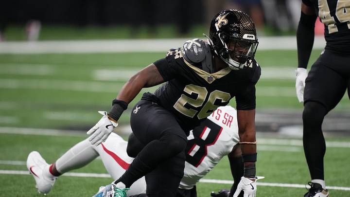 Nov 23, 2025; New Orleans, Louisiana, USA; New Orleans Saints safety Terrell Burgess (26) reacts after a defensive play against the Atlanta Falcons during the first half at Caesars Superdome. Mandatory Credit: Matthew Hinton-Imagn Images Nov 23, 2025; New Orleans, Louisiana, USA; New Orleans Saints safety Terrell Burgess (26) reacts after a defensive play against the Atlanta Falcons during the first half at Caesars Superdome. Mandatory Credit: Matthew Hinton-Imagn Images
