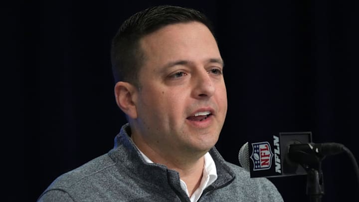Feb 27, 2024; Indianapolis, IN, USA; New England Patriots director of scouting Eliot Wolf during the NFL Scouting Combine at Indiana Convention Center. Mandatory Credit: Kirby Lee-Imagn Images