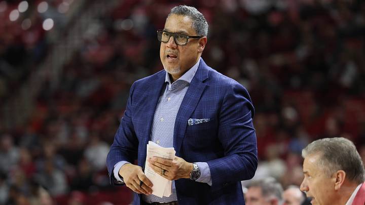 Jan 22, 2025; Fayetteville, Arkansas, USA; Arkansas Razorbacks assistant coach Chuck Martin during the first half against the Georgia Bulldogs at Bud Walton Arena. Mandatory Credit: Nelson Chenault-Imagn Images