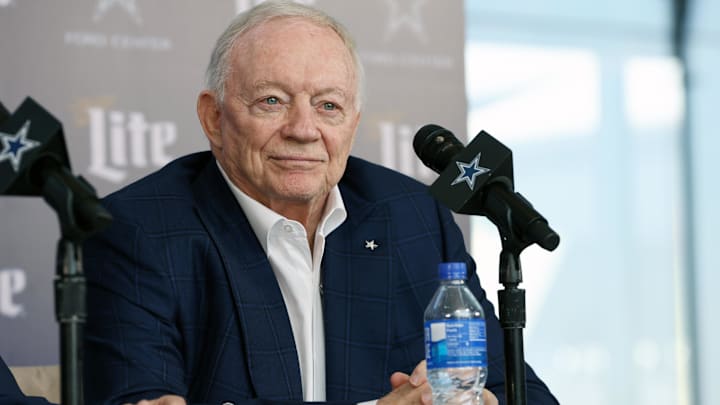 Dallas Cowboys owner Jerry Jones speaks to the media at a press conference at The Star. 