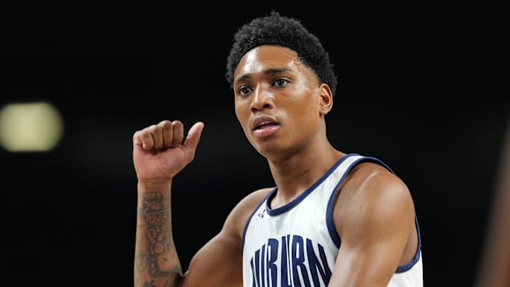 Apr 4, 2025; San Antonio, TX, USA; Auburn Tigers guard Tahaad Pettiford (0) during a practice session for the Final Four of the 2025 NCAA tournament at Alamodome. Mandatory Credit: Bob Donnan-Imagn Images Apr 4, 2025; San Antonio, TX, USA; Auburn Tigers guard Tahaad Pettiford (0) during a practice session for the Final Four of the 2025 NCAA tournament at Alamodome. Mandatory Credit: Bob Donnan-Imagn Images