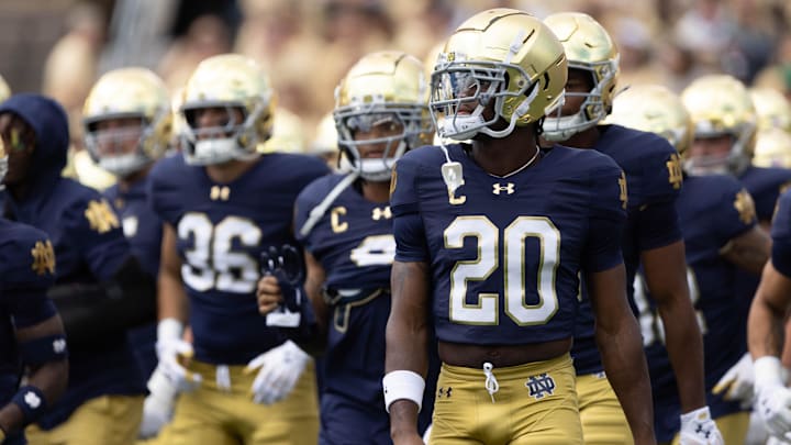 Notre Dame corner back Benjamin Morrison (20) walks with his team during warm ups before a NCAA college football game between Notre Dame and Northern Illinois at Notre Dame Stadium on Saturday, Sept. 7, 2024, in South Bend.