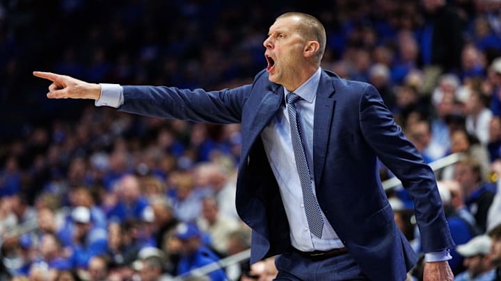 Feb 4, 2026; Lexington, Kentucky, USA; Kentucky Wildcats head coach Mark Pope yells to his players during the first half against the Oklahoma Sooners at Rupp Arena at Central Bank Center. Mandatory Credit: Jordan Prather-Imagn Images