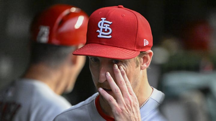 Jul 6, 2025; Chicago, Illinois, USA;  St. Louis Cardinals pitcher Erick Fedde (12) in the dugout after being relieved  during the third inning against the Chicago Cubs at Wrigley Field. Mandatory Credit: Matt Marton-Imagn Images