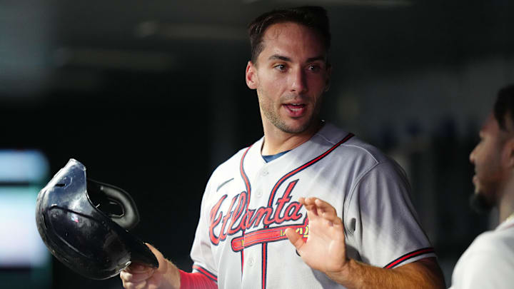 Aug 30, 2023; Denver, Colorado, USA; Atlanta Braves first baseman Matt Olson (28) celebrates scoring