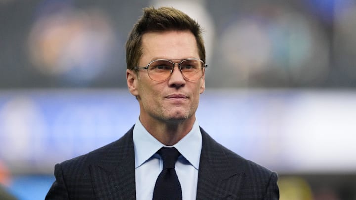 Dec 14, 2025; Inglewood, California, USA; Fox broadcaster Tom Brady is seen prior to the game between the Detroit Lions and the Los Angeles Rams at SoFi Stadium. Mandatory Credit: Kirby Lee-Imagn Images