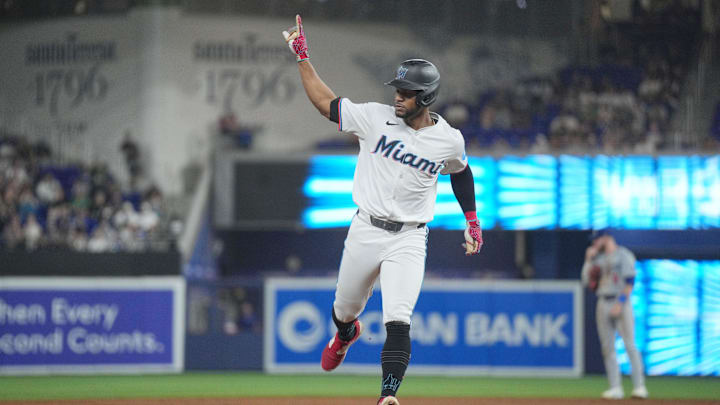 Sep 17, 2024; Miami, Florida, USA; Miami Marlins second baseman Otto Lopez (61) rounds the bases after hitting a solo home run in the third inning against the Los Angeles Dodgers at loanDepot Park. Sep 17, 2024; Miami, Florida, USA; Miami Marlins second baseman Otto Lopez (61) rounds the bases after hitting a solo home run in the third inning against the Los Angeles Dodgers at loanDepot Park.