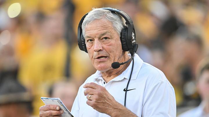 Sep 13, 2025; Iowa City, Iowa, USA; Iowa Hawkeyes head coach Kirk Ferentz looks on before the game against the Massachusetts Minutemen at Kinnick Stadium. Mandatory Credit: Jeffrey Becker-Imagn Images Sep 13, 2025; Iowa City, Iowa, USA; Iowa Hawkeyes head coach Kirk Ferentz looks on before the game against the Massachusetts Minutemen at Kinnick Stadium. Mandatory Credit: Jeffrey Becker-Imagn Images