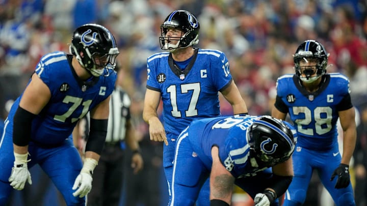 Indianapolis Colts quarterback Philip Rivers (17) yells from behind the line of scrimmage Monday, Dec. 22, 2025, during a game against the San Francisco 49ers at Lucas Oil Stadium in Indianapolis.