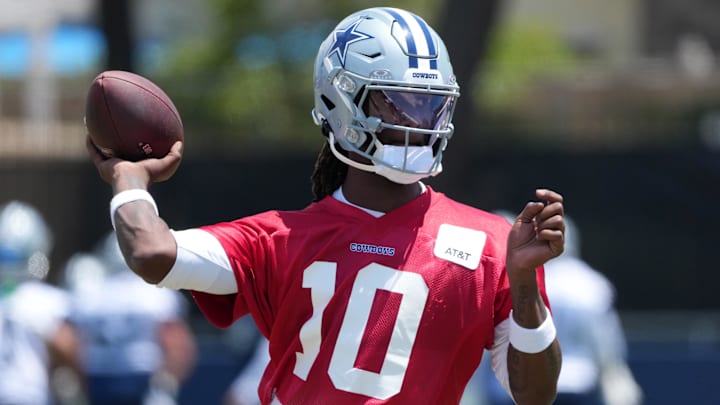 Jul 26, 2025; Oxnard, CA, USA; Dallas Cowboys quarterback Joe Milton (10) throws the ball at training camp at the River Ridge Fields. Mandatory Credit: Kirby Lee-Imagn Images