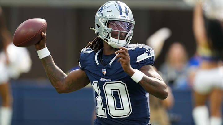 Aug 9, 2025; Inglewood, California, USA; Dallas Cowboys quarterback Joe Milton III (10) throws the ball against the Los Angeles Rams in the first half at SoFi Stadium. Mandatory Credit: Kirby Lee-Imagn Images Aug 9, 2025; Inglewood, California, USA; Dallas Cowboys quarterback Joe Milton III (10) throws the ball against the Los Angeles Rams in the first half at SoFi Stadium. Mandatory Credit: Kirby Lee-Imagn Images