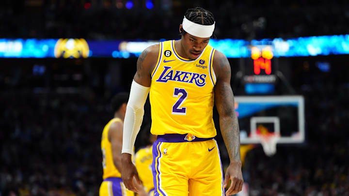 May 16, 2023; Denver, Colorado, USA; Los Angeles Lakers forward Jarred Vanderbilt (2) reacts