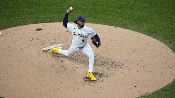 Jun 8, 2025; Milwaukee, Wisconsin, USA; Milwaukee Brewers pitcher Freddy Peralta (51) delivers a pitch against the San Diego Padres in the second inning at American Family Field. Mandatory Credit: Michael McLoone-Imagn Images