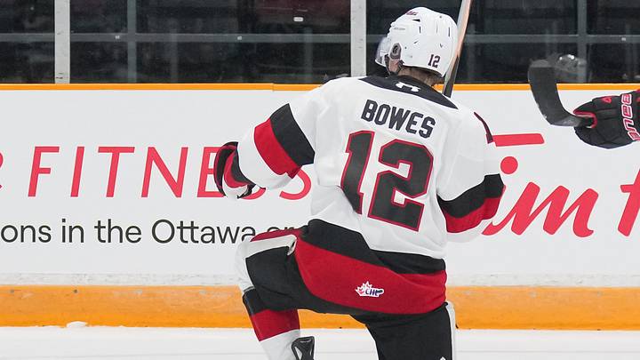 OTTAWA, CANADA - SEPTEMBER 28: Spencer Bowes #12 of the Ottawa 67’s celebrates his second period goal against the Sault Ste. Marie Greyhounds Greyhounds at The Arena at TD Place on September 28, 2025 in Ottawa, Ontario, Canada. (Photo by Chris Tanouye/Getty Images)