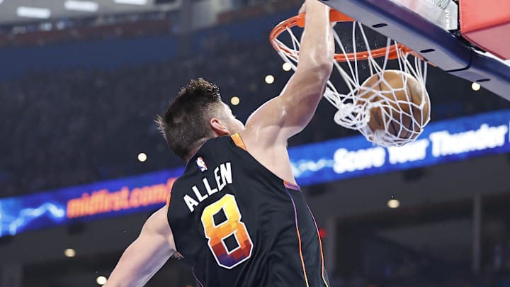 Mar 29, 2024; Oklahoma City, Oklahoma, USA; Phoenix Suns guard Grayson Allen (8) dunks against the