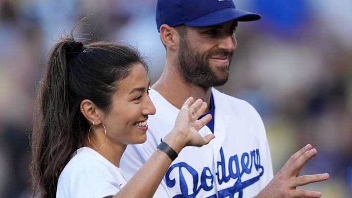 Los Angeles Dodgers left fielder Chris Taylor with fiance Mary Keller during the game against the Colorado Rockies. Los Angeles Dodgers left fielder Chris Taylor with fiance Mary Keller during the game against the Colorado Rockies.