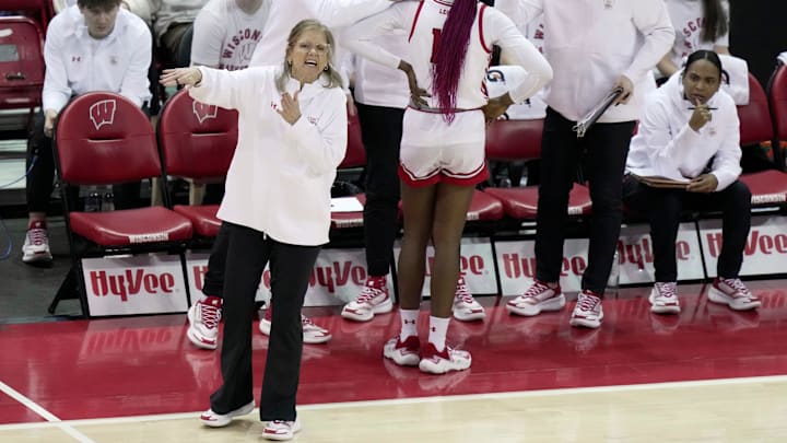 Wisconsin head coach Robin Pingeton is shown during the first half of their game against Oregon Sunday, January 18, 2026 at the Kohl Center in Madison, Wisconsin.