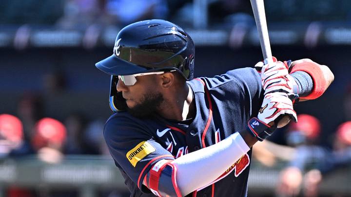 Feb 25, 2026; North Port, Florida, USA;  Atlanta Braves left fielder Jurickson Profar (17) bats in the first inning against the Pittsburgh Pirates during spring training at CoolToday Park. Mandatory Credit: Jonathan Dyer-Imagn Images