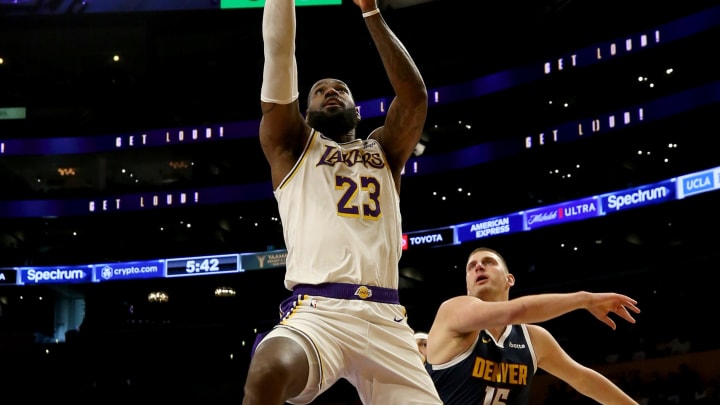 Apr 27, 2024; Los Angeles, California, USA; Los Angeles Lakers forward LeBron James (23) shoots