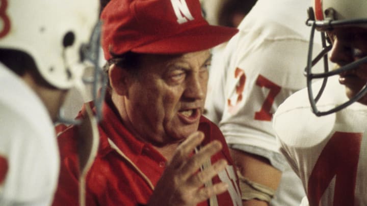 Nebraska head coach Bob Devaney on the sidelines during the 1972 Orange Bowl game against Alabama. The Huskers defeated the Crimson Tide 38-6 to win the national championship.