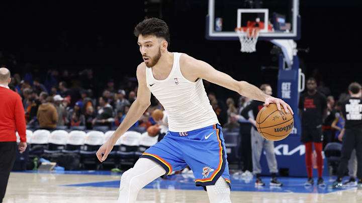 Feb 7, 2025; Oklahoma City, Oklahoma, USA; Oklahoma City Thunder forward Chet Holmgren (7) warms up before the start of a game against the Toronto Raptors at Paycom Center. Mandatory Credit: Alonzo Adams-Imagn Images