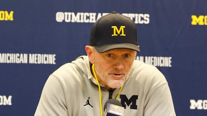 Michigan Wolverines head coach Kyle Whittingham gives remarks following the spring game. Michigan Wolverines head coach Kyle Whittingham gives remarks following the spring game.