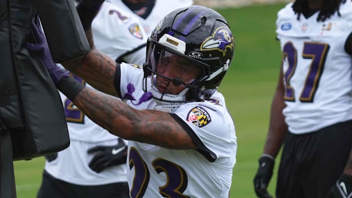 Jul 24, 2025; Owings Mills, MD, USA; Baltimore Ravens cornerback Jaire Alexander (23) runs drills during training camp at the Under Armour Performance Center. Mandatory Credit: Mitch Stringer-Imagn Images