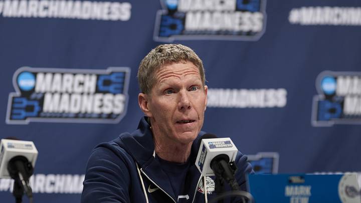 Mar 18, 2026; Portland, OR, USA; Gonzaga Bulldogs head coach Mark Few answers questions during a press conference before a practice session ahead of the first round of the men's 2026 NCAA Tournament at Moda Center. 