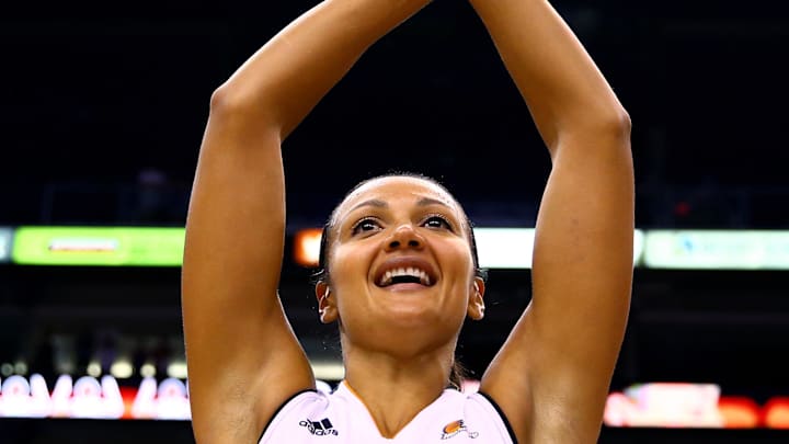 Sep 7, 2014; Phoenix, AZ, USA; Phoenix Mercury forward Mistie Bass (8) celebrates following the game against the Chicago Sky during game one of the WNBA Finals at US Airways Center. The Mercury defeated the Sky 83-62. Mandatory Credit: Mark J. Rebilas-Imagn Images
