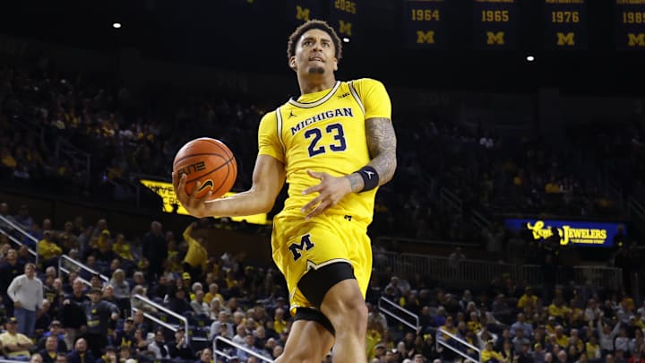 Dec 9, 2025; Ann Arbor, Michigan, USA; Michigan Wolverines forward Yaxel Lendeborg (23) dunks in the first half against the Villanova Wildcats at Crisler Center. Dec 9, 2025; Ann Arbor, Michigan, USA; Michigan Wolverines forward Yaxel Lendeborg (23) dunks in the first half against the Villanova Wildcats at Crisler Center.