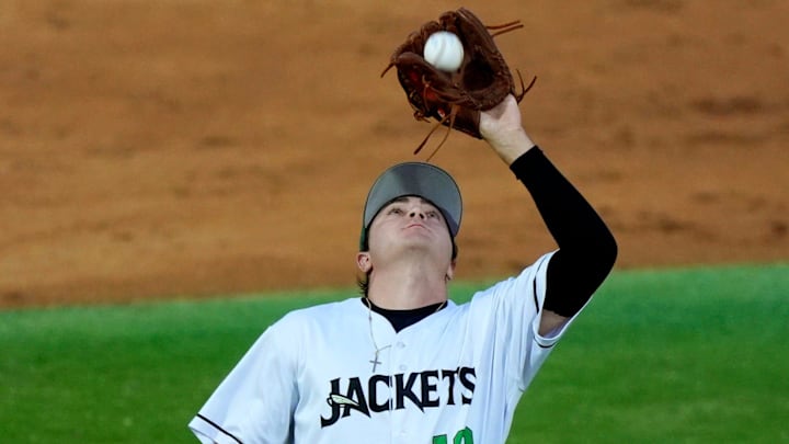 Augusta GreenJackets infielder Alex Lodise (12) catches a fly ball during opening day of the Augusta GreenJackets at SRP Park in North Augusta, S.C., on Tuesday, April 14, 2026. The GreenJackets beat Fayetteville 4-2. Mandatory Credit: Katie Goodale - Augusta Chronicle/USA TODAY NETWORK