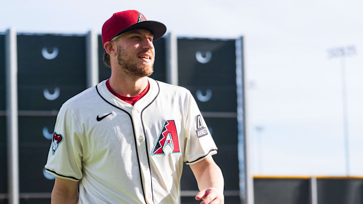 Feb 19, 2025; Scottsdale, AZ, USA; Arizona Diamondbacks outfielder A.J. Vukovich (85) poses for a portrait for MLB Media Day at Salt River Fields.  Mandatory Credit: Allan Henry-Imagn Images